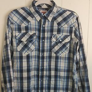 Levis Blue Plaid Pearl Snap Button Up Shirt